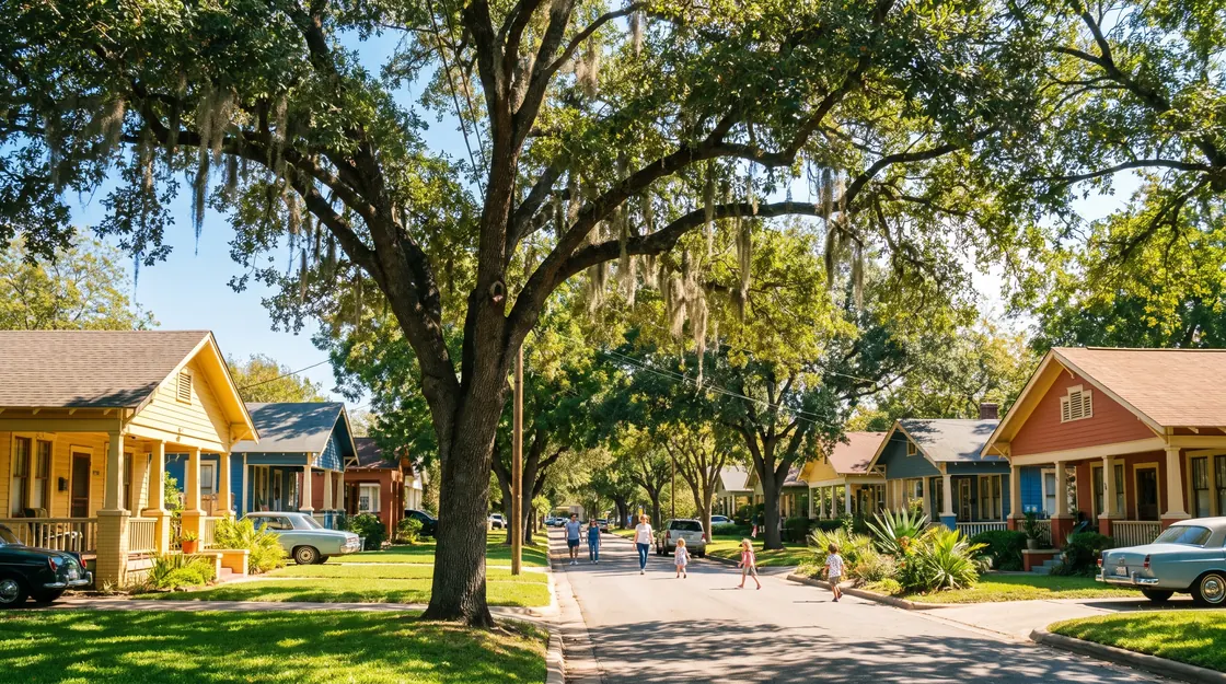 A street of Austin bungalows under live oaks on a bright blue-sky morning