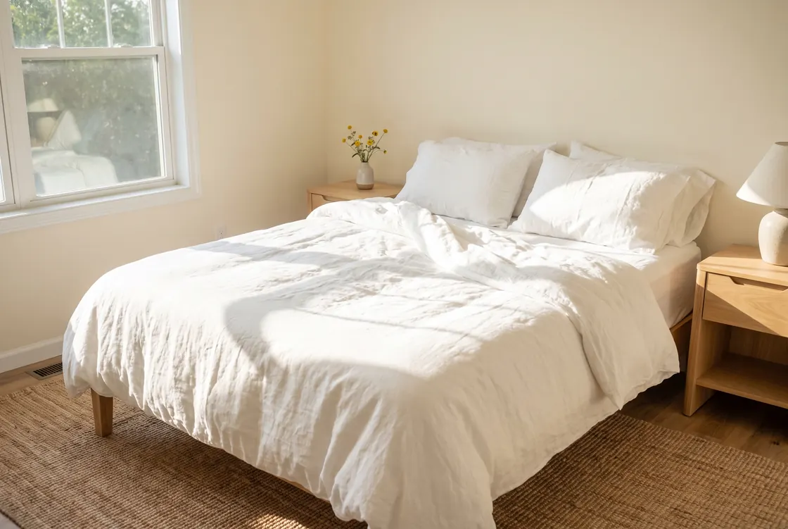 A freshly made bed with white linens in a sunlit Austin bedroom