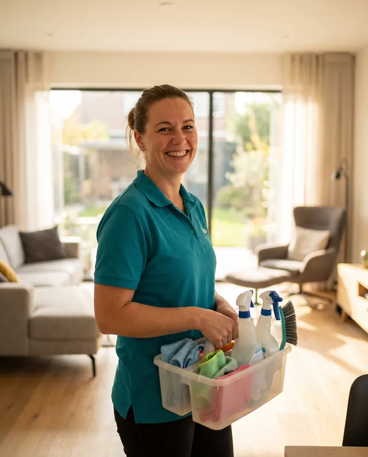A smiling professional cleaner holding a caddy of supplies in a sunlit home
