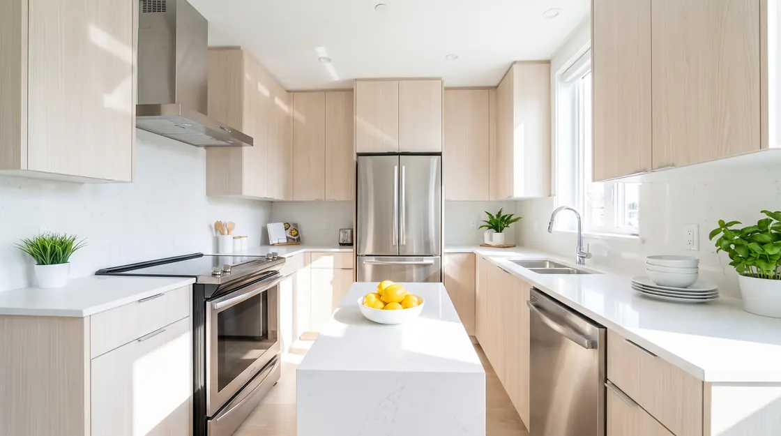A spotless modern kitchen with gleaming quartz counters after a deep clean